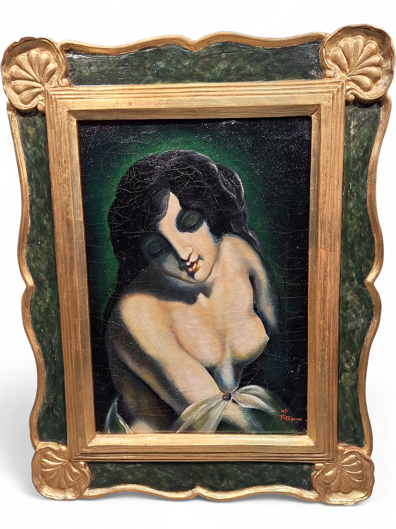 Oil on deco canvas depicting a woman with a carved and gilded frame 19