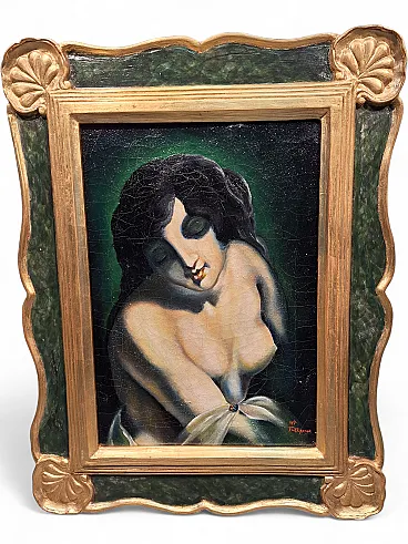 Oil on deco canvas depicting a woman with a carved and gilded frame