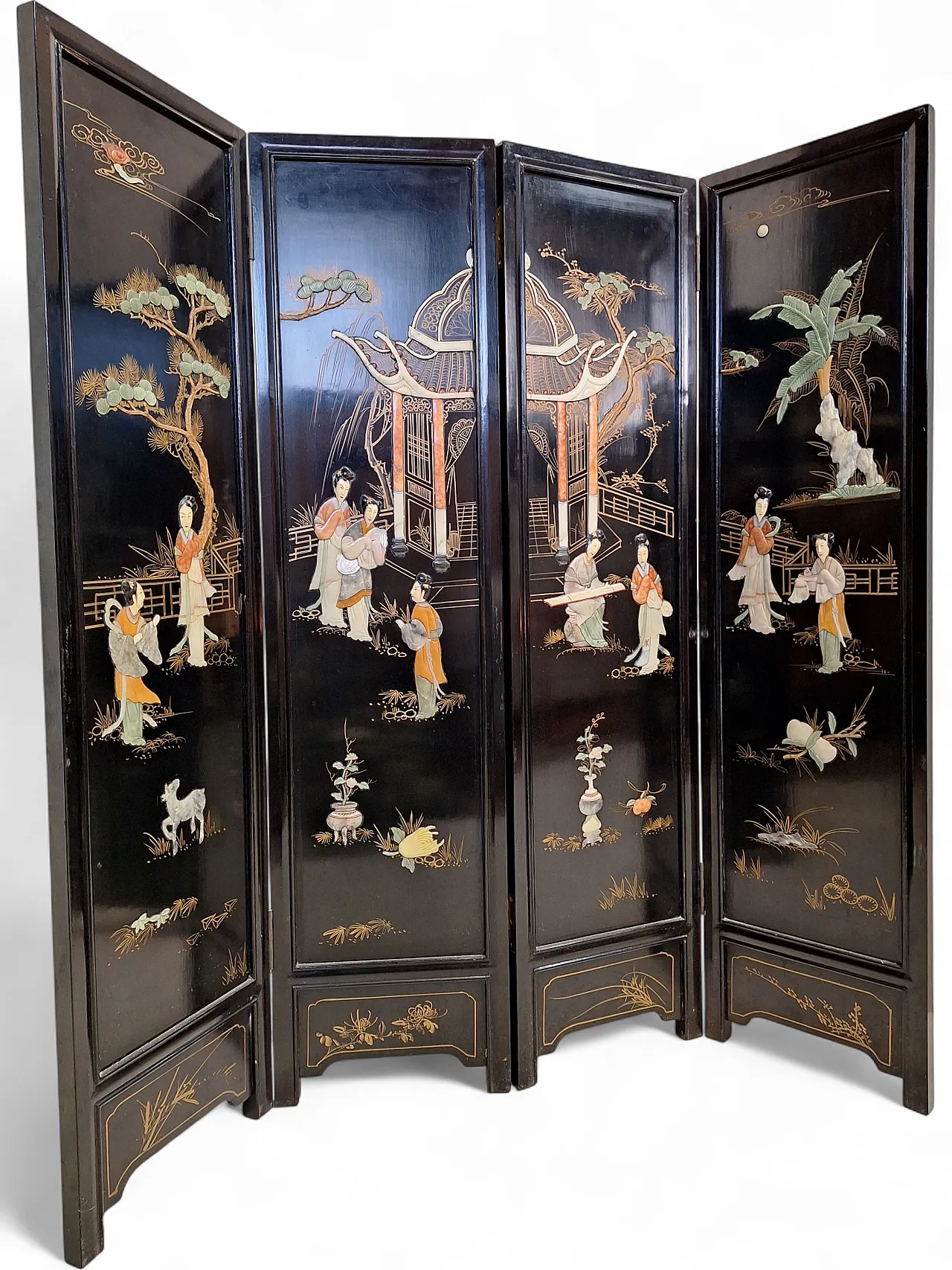Paravento orientale in lacca con decorazioni in pietra, anni '50 25