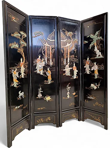 Oriental lacquer screen with stone decorations, 50s