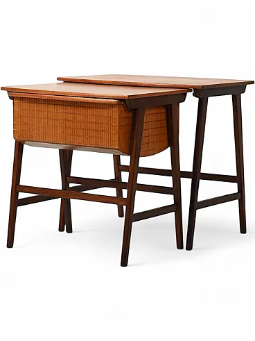 Pair of interlocking Scandinavian coffee tables with wool holder