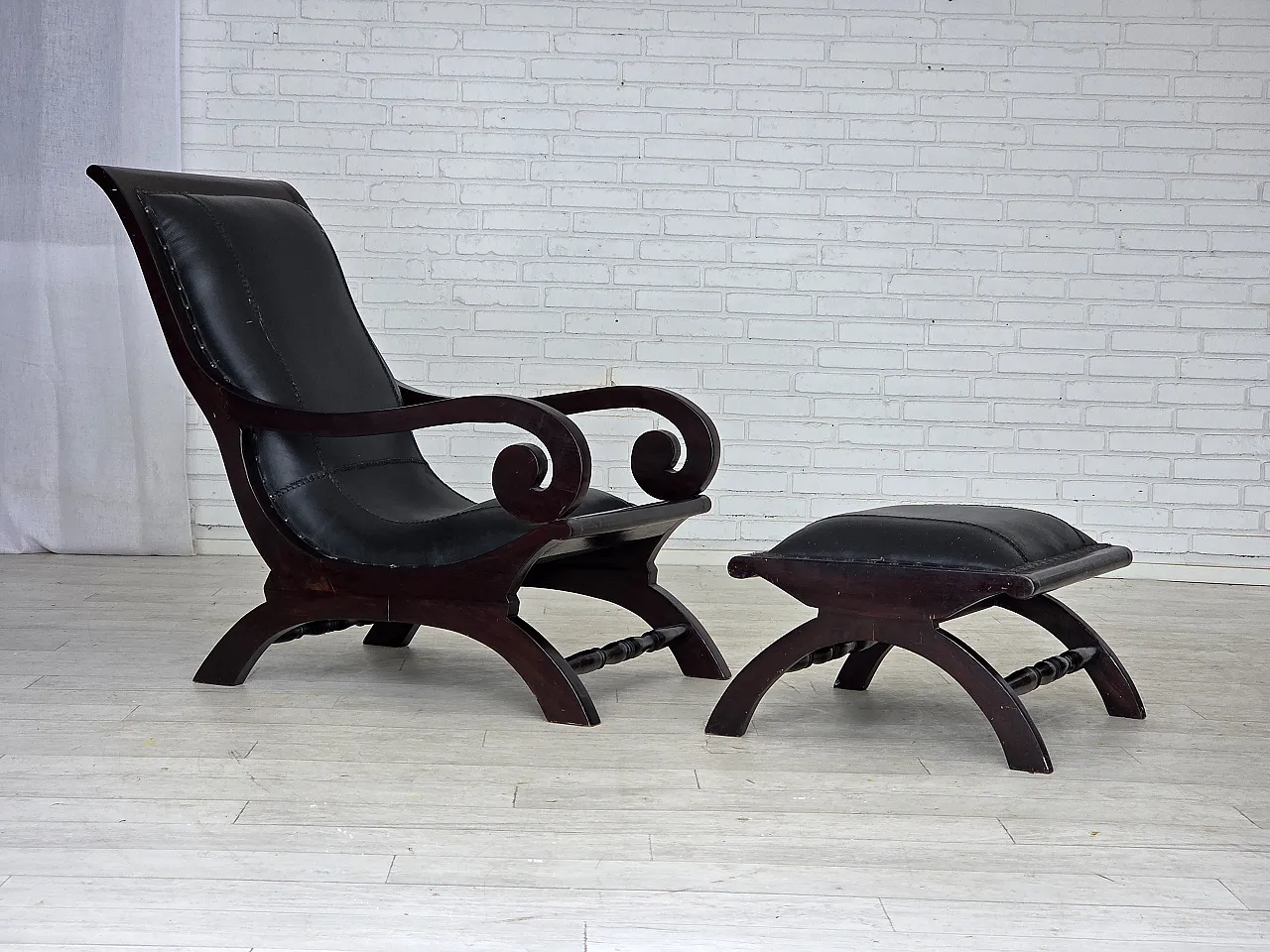 Armchair with footstool, black furniture leather, 1970s 1