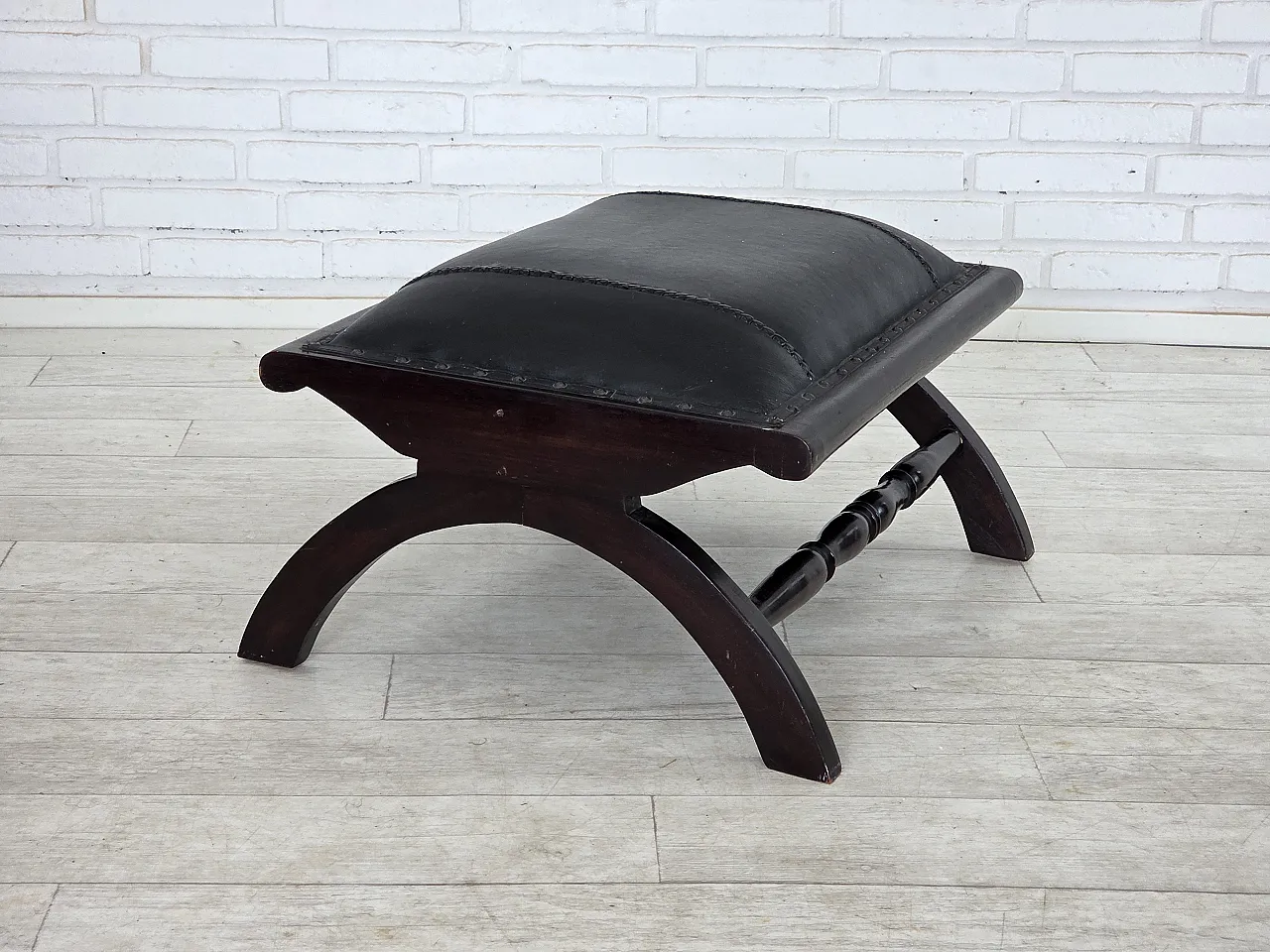 Armchair with footstool, black furniture leather, 1970s 2