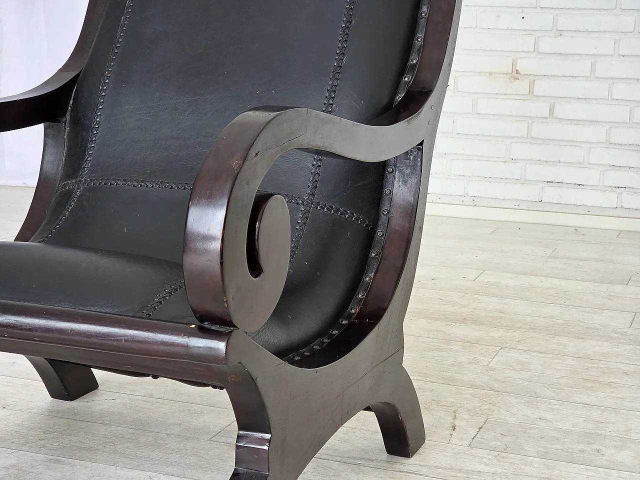 Armchair with footstool, black furniture leather, 1970s 4