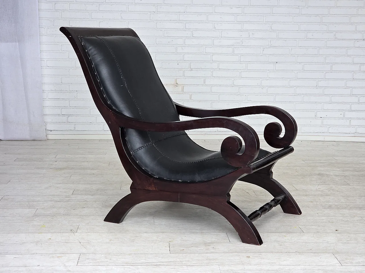 Armchair with footstool, black furniture leather, 1970s 5