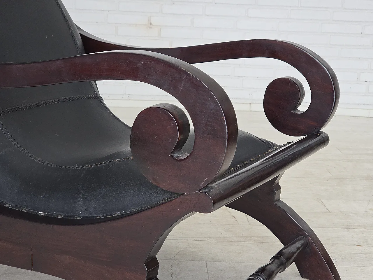 Armchair with footstool, black furniture leather, 1970s 6