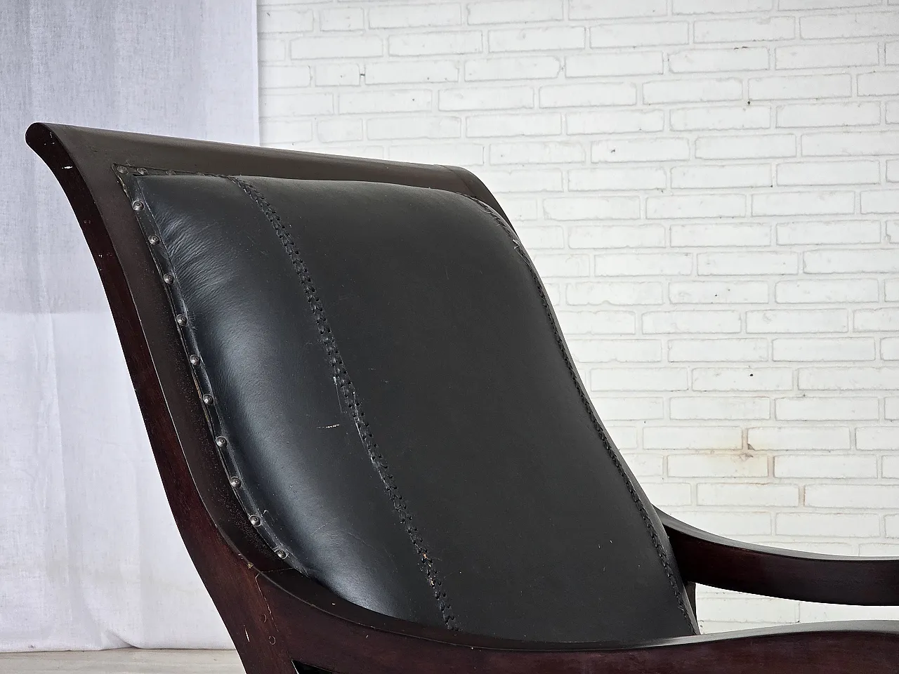 Armchair with footstool, black furniture leather, 1970s 7