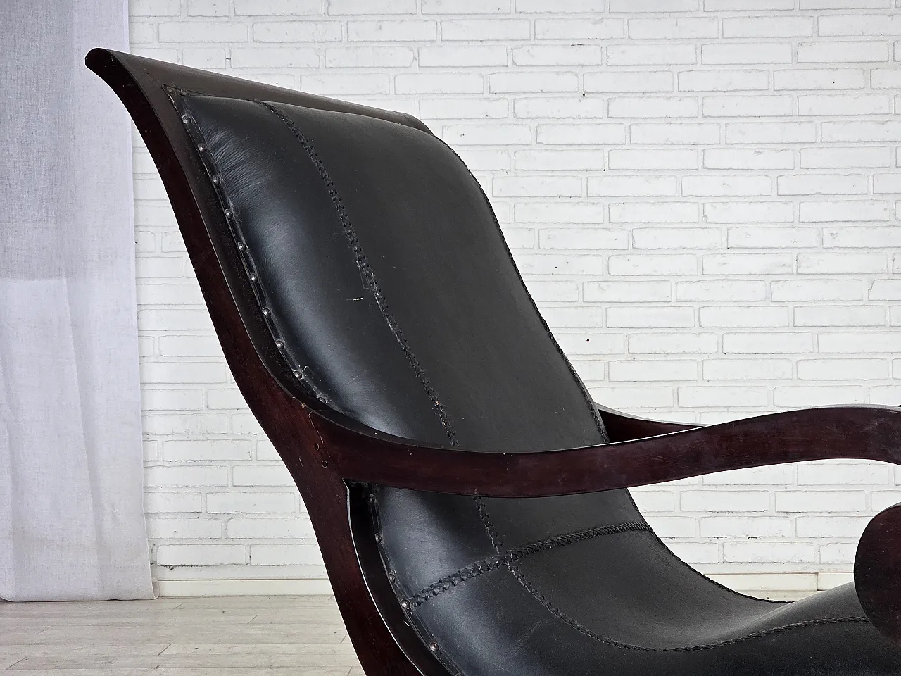 Armchair with footstool, black furniture leather, 1970s 9