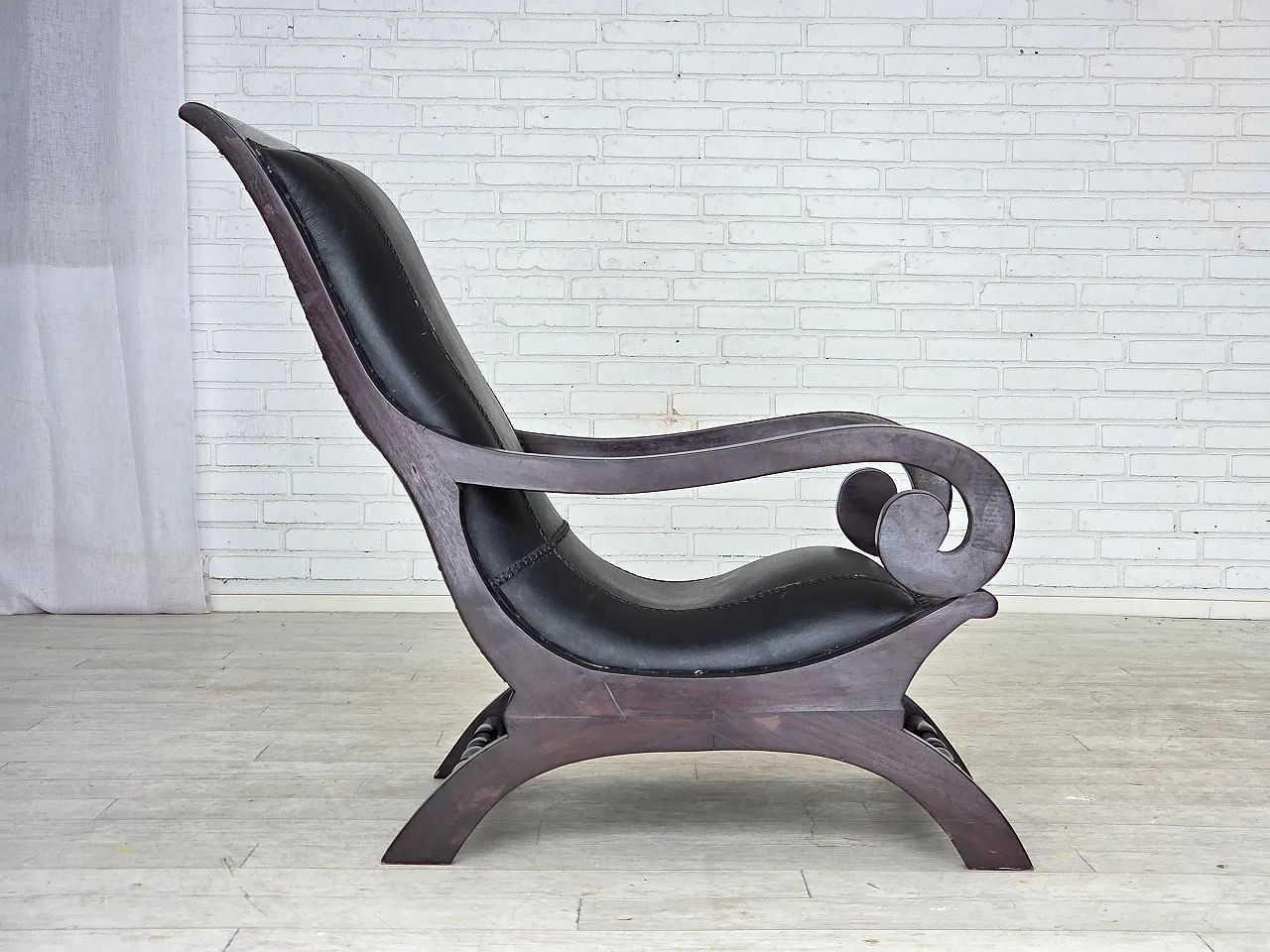 Armchair with footstool, black furniture leather, 1970s 10
