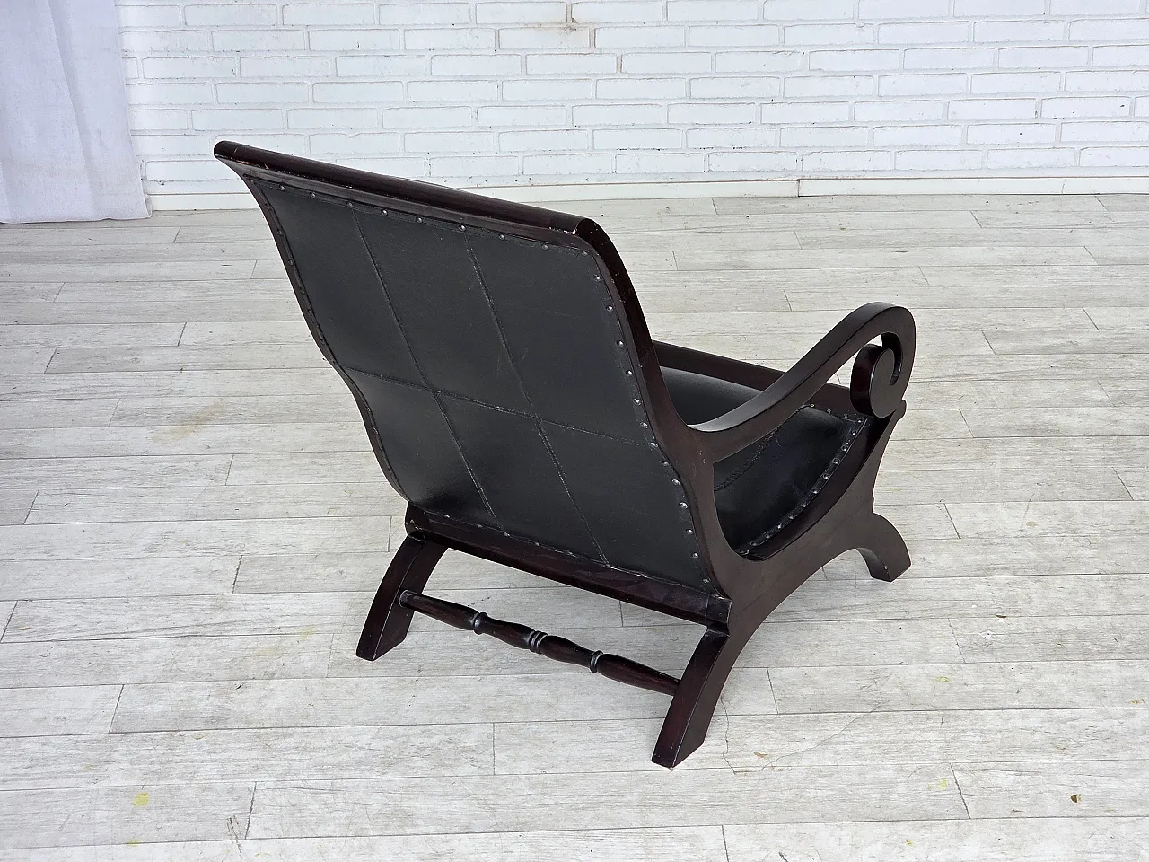Armchair with footstool, black furniture leather, 1970s 11