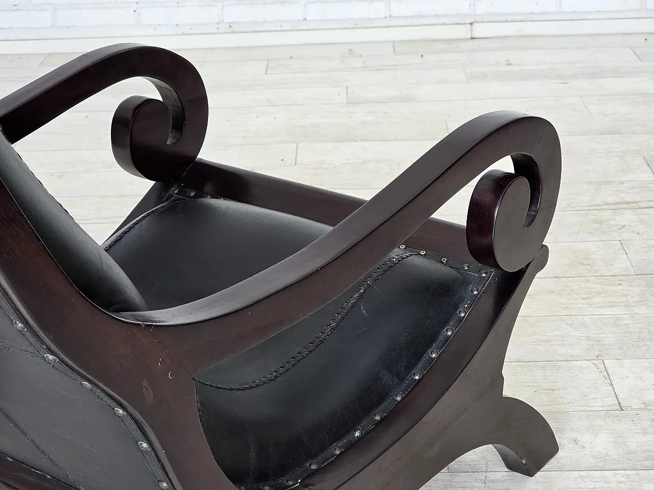 Armchair with footstool, black furniture leather, 1970s 12