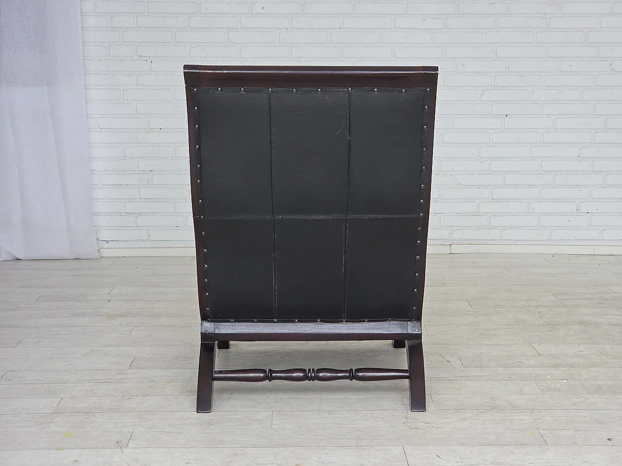 Armchair with footstool, black furniture leather, 1970s 13