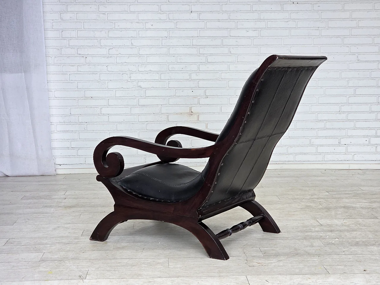 Armchair with footstool, black furniture leather, 1970s 14