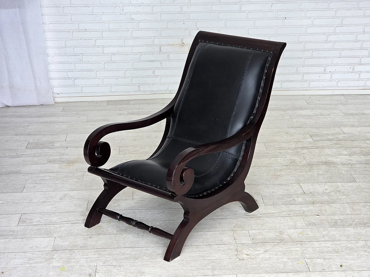 Armchair with footstool, black furniture leather, 1970s 15