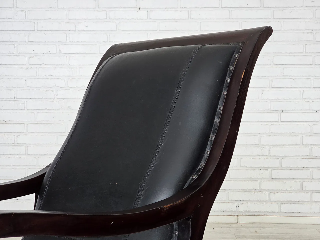 Armchair with footstool, black furniture leather, 1970s 16