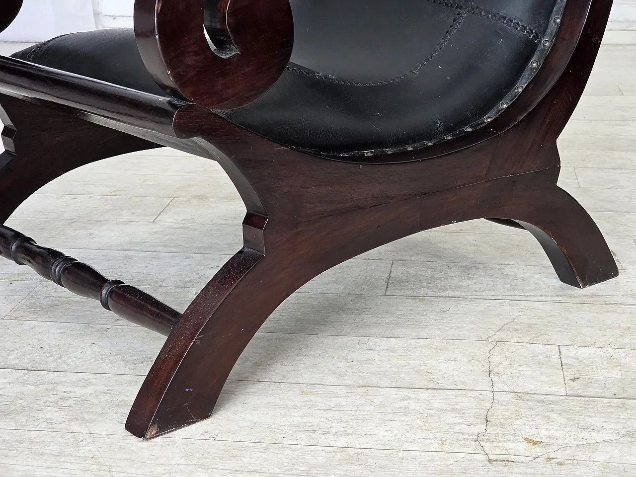 Armchair with footstool, black furniture leather, 1970s 17