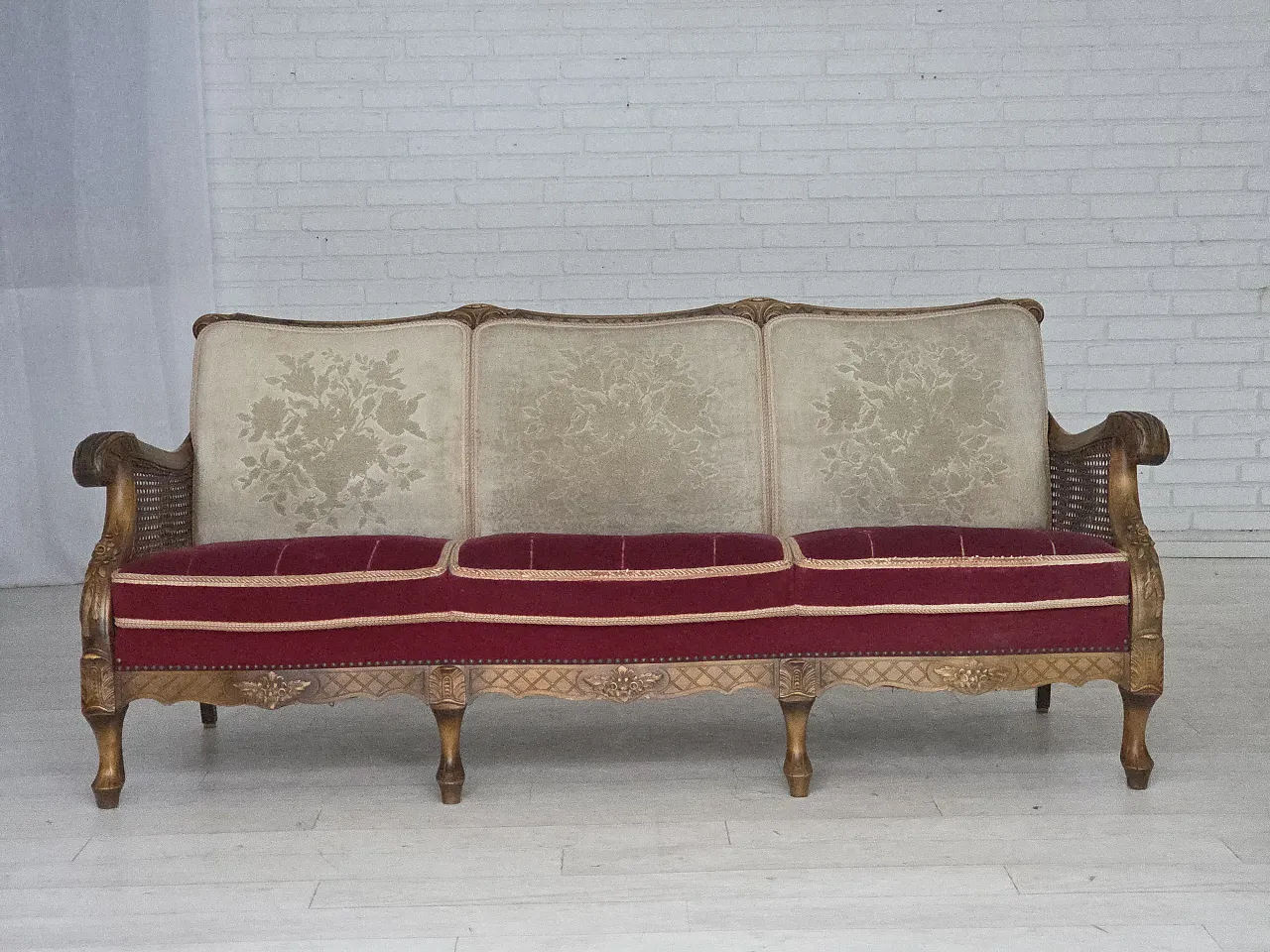 Danish 3-seater sofa, red velour, mesh, 1930s 1