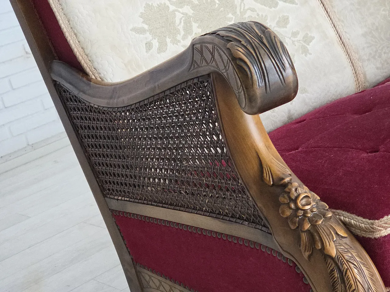 Danish 3-seater sofa, red velour, mesh, 1930s 3