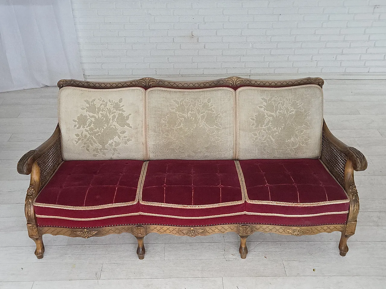 Danish 3-seater sofa, red velour, mesh, 1930s 5