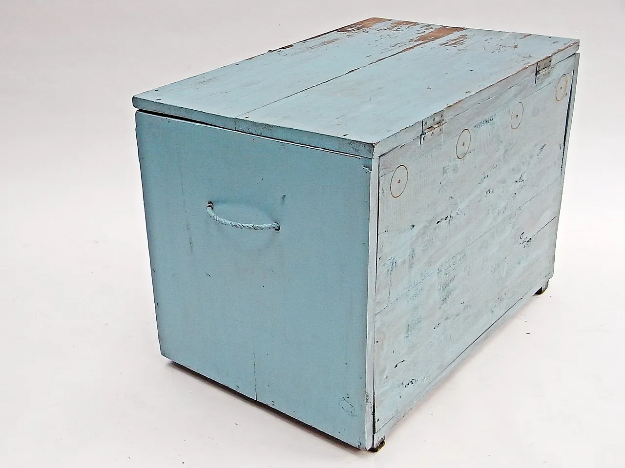 Blue trunk in softwood with cord handles, 20th century 3