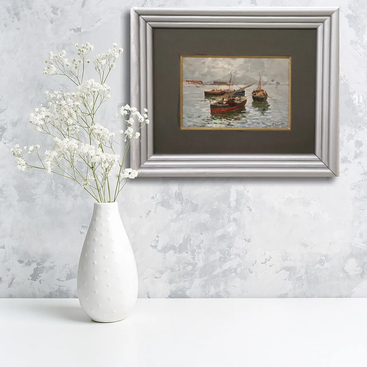 Dipinto olio su tavola Golfo di Napoli, Firma R. Leone, inizi '900 2