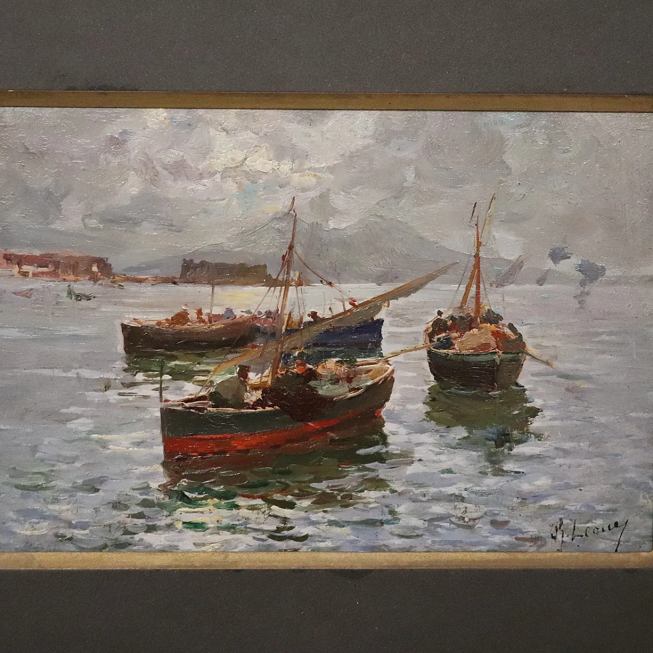 Dipinto olio su tavola Golfo di Napoli, Firma R. Leone, inizi '900 3