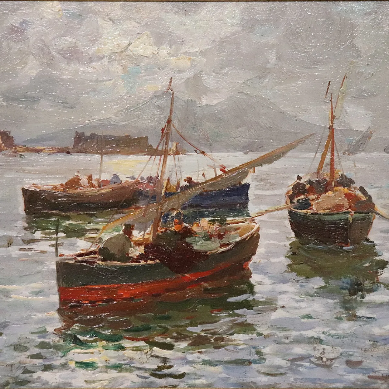 Dipinto olio su tavola Golfo di Napoli, Firma R. Leone, inizi '900 4
