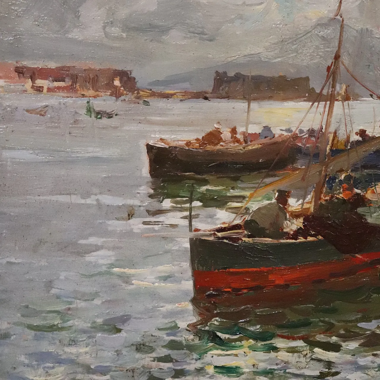 Dipinto olio su tavola Golfo di Napoli, Firma R. Leone, inizi '900 6