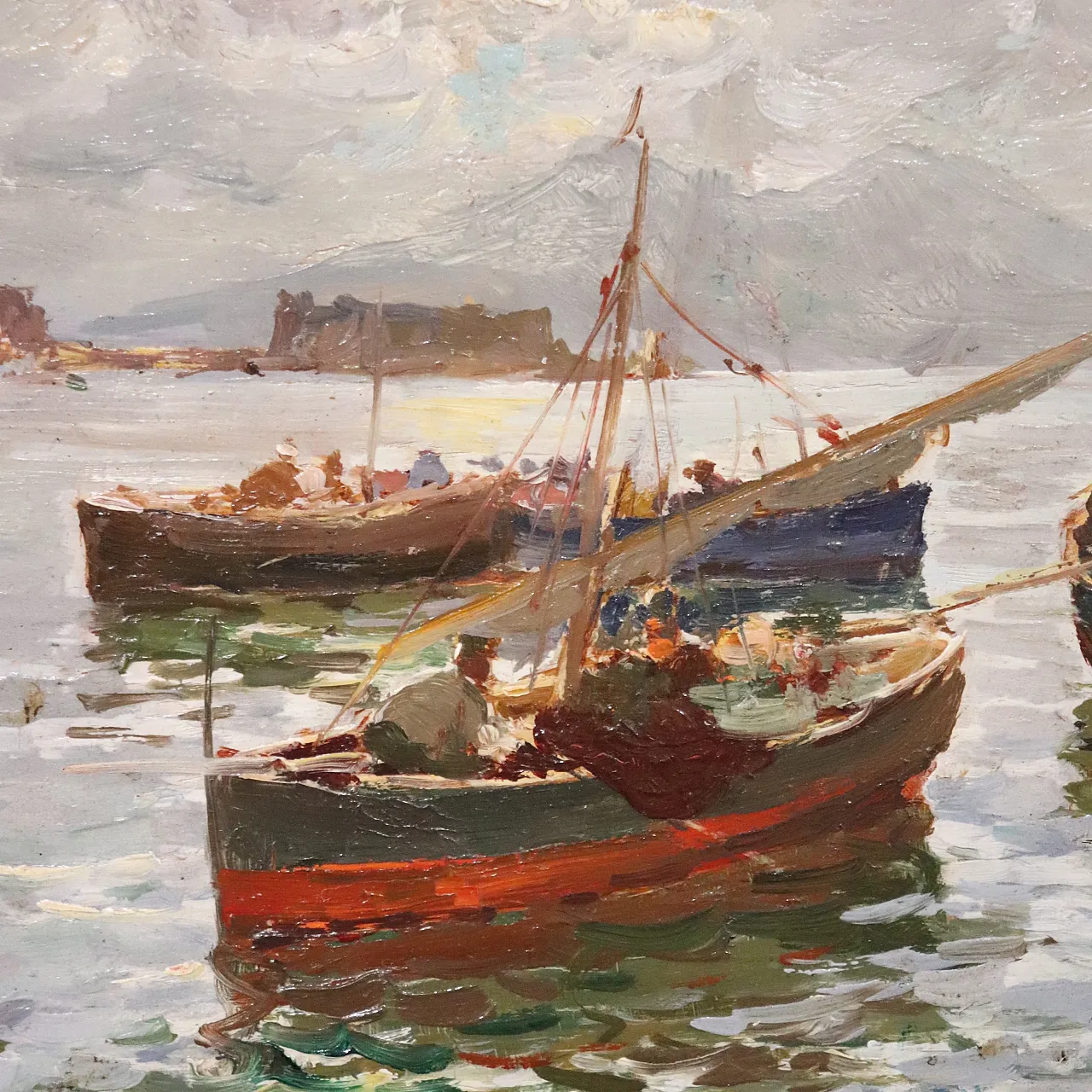 Dipinto olio su tavola Golfo di Napoli, Firma R. Leone, inizi '900 7