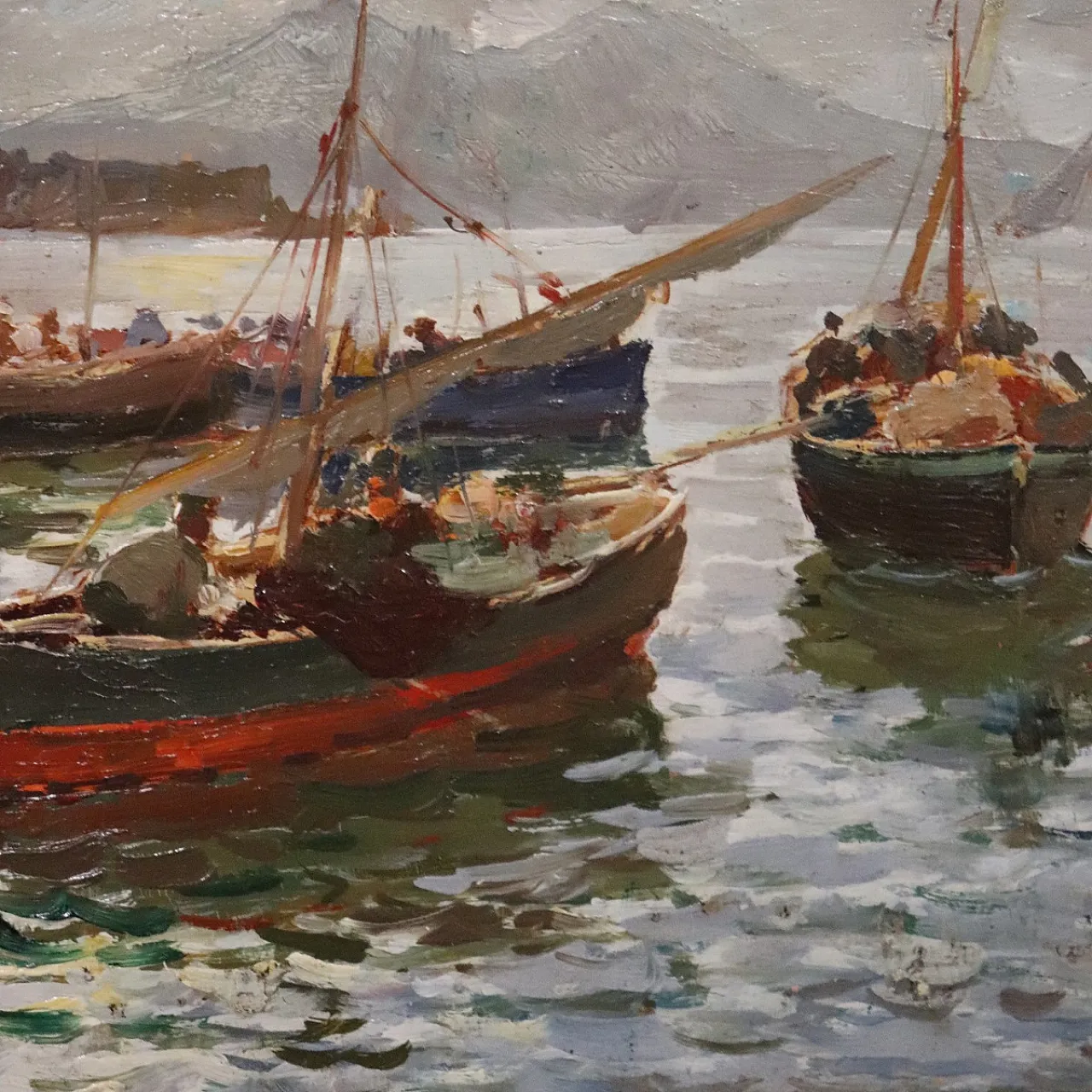 Dipinto olio su tavola Golfo di Napoli, Firma R. Leone, inizi '900 8