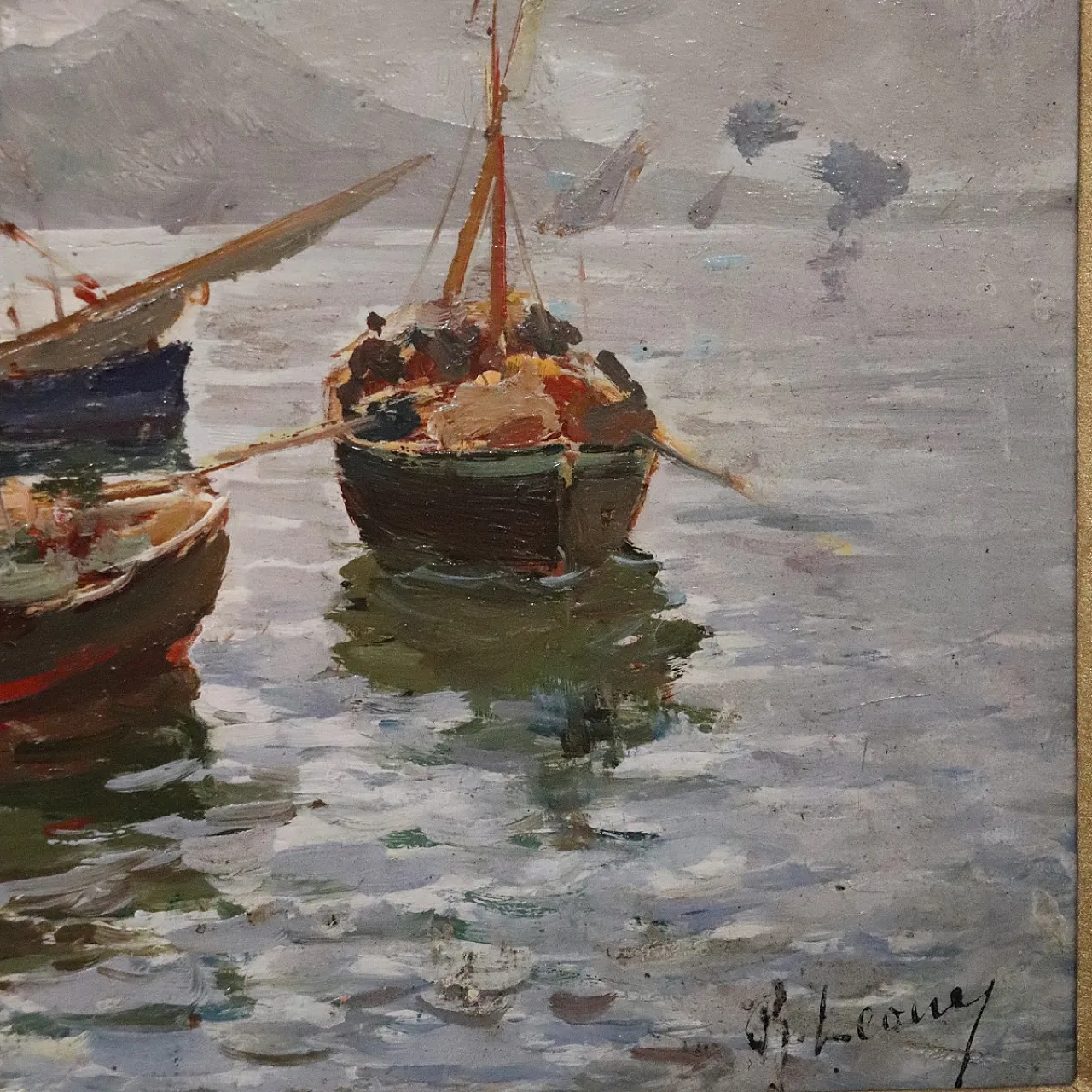 Dipinto olio su tavola Golfo di Napoli, Firma R. Leone, inizi '900 9