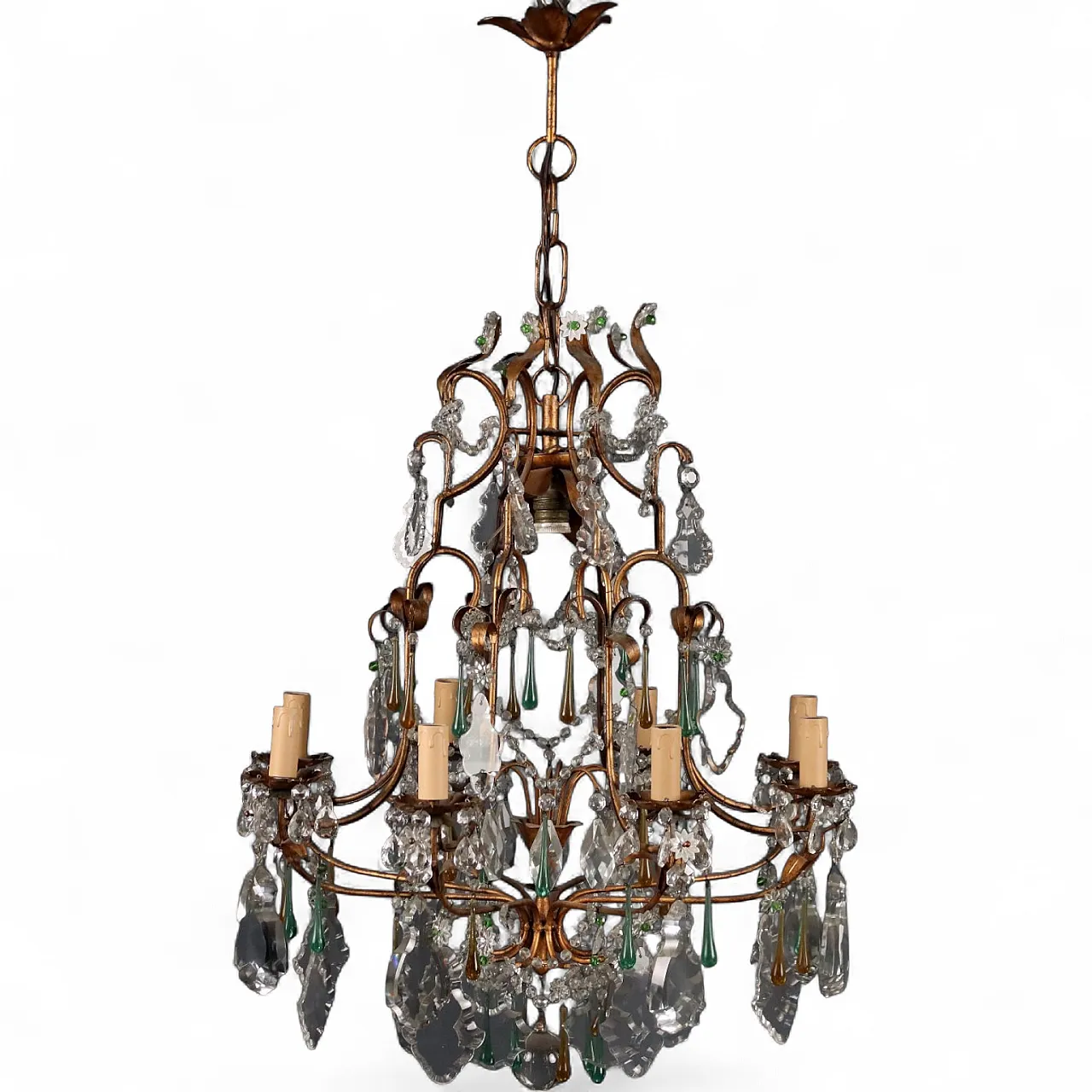 Lampadario a otto luci in verro dorato, lamiera e vetro, primo '900 11