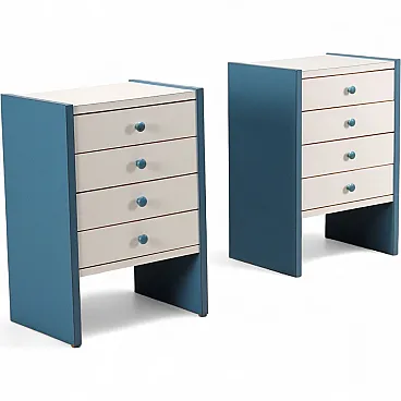 Coppia di comodini a quattro cassetti in legno laminato bicolore, '900