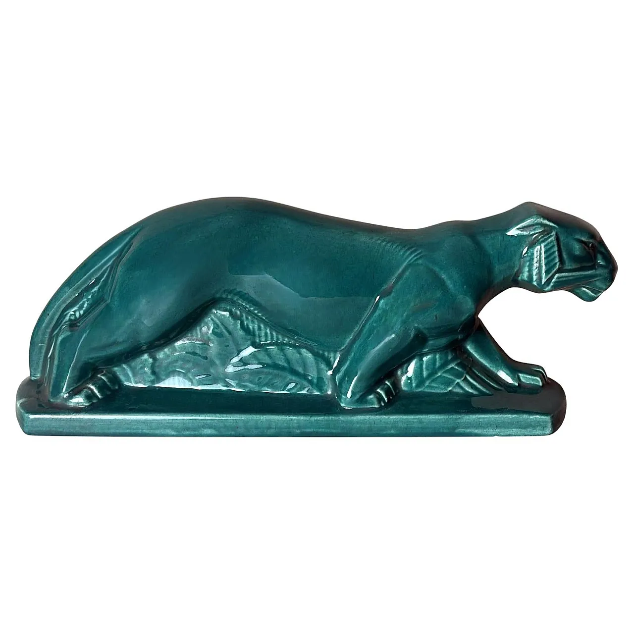 Art Deco Saint-Clément style panther green-glazed ceramic,20th century 1