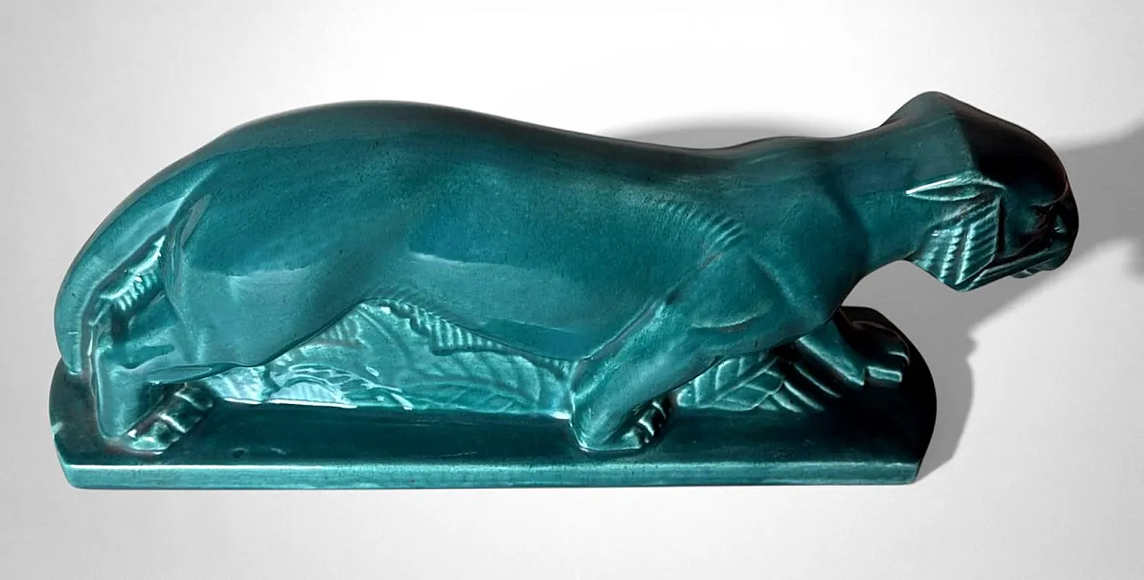 Art Deco Saint-Clément style panther green-glazed ceramic,20th century 3