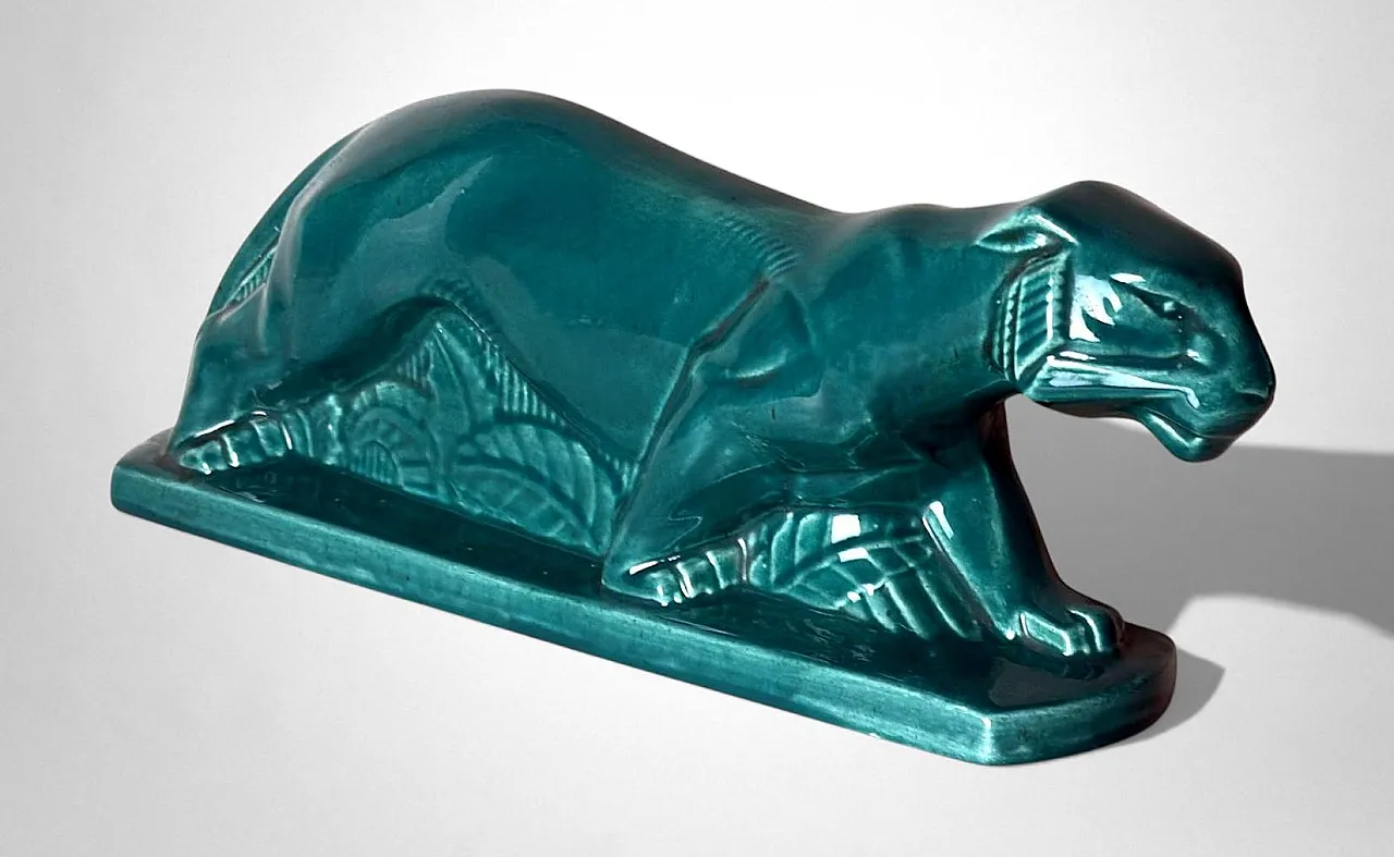 Art Deco Saint-Clément style panther green-glazed ceramic,20th century 4