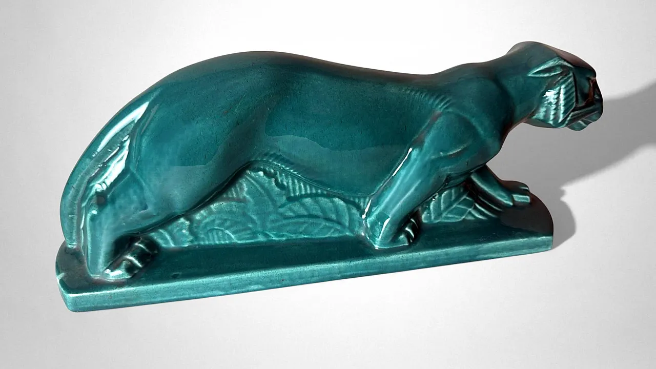 Art Deco Saint-Clément style panther green-glazed ceramic,20th century 5