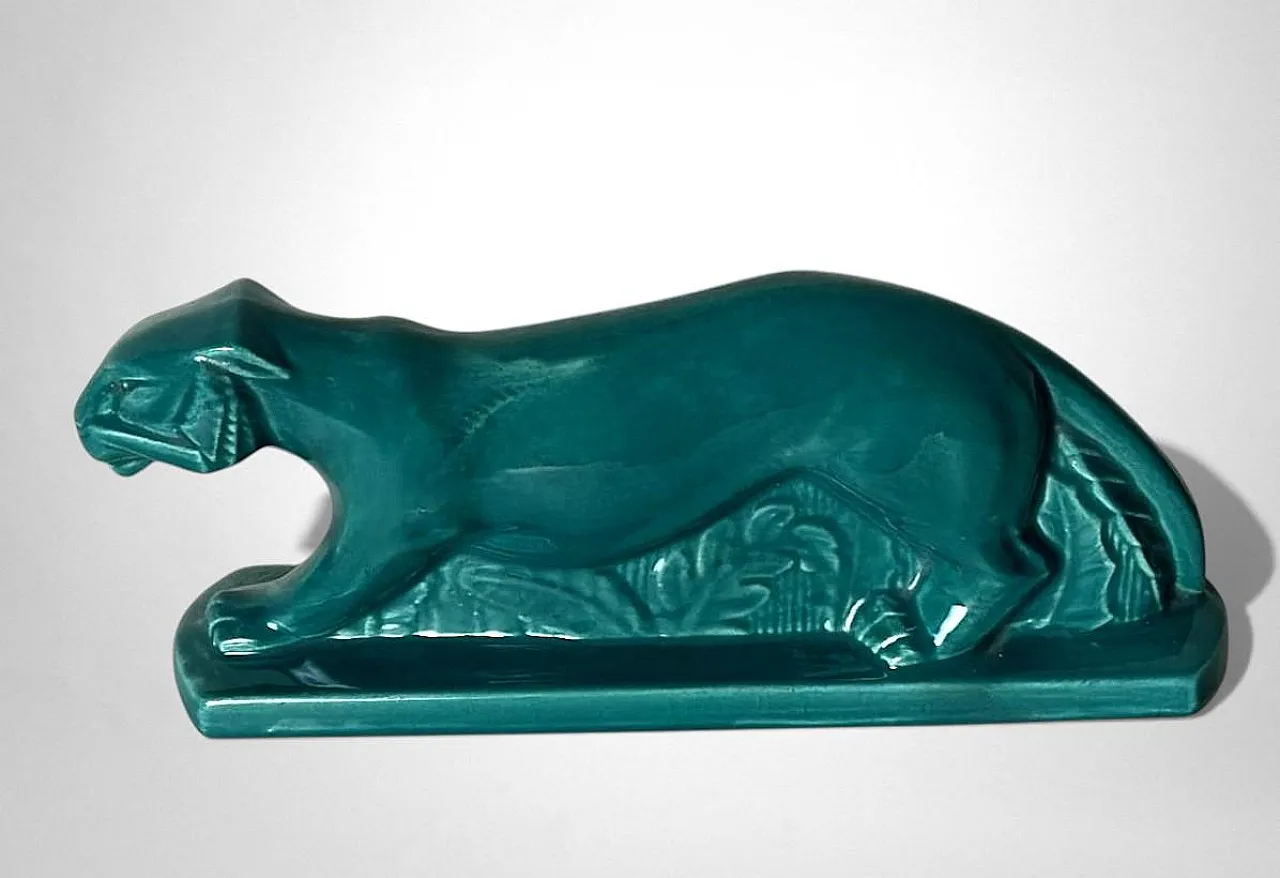 Art Deco Saint-Clément style panther green-glazed ceramic,20th century 7
