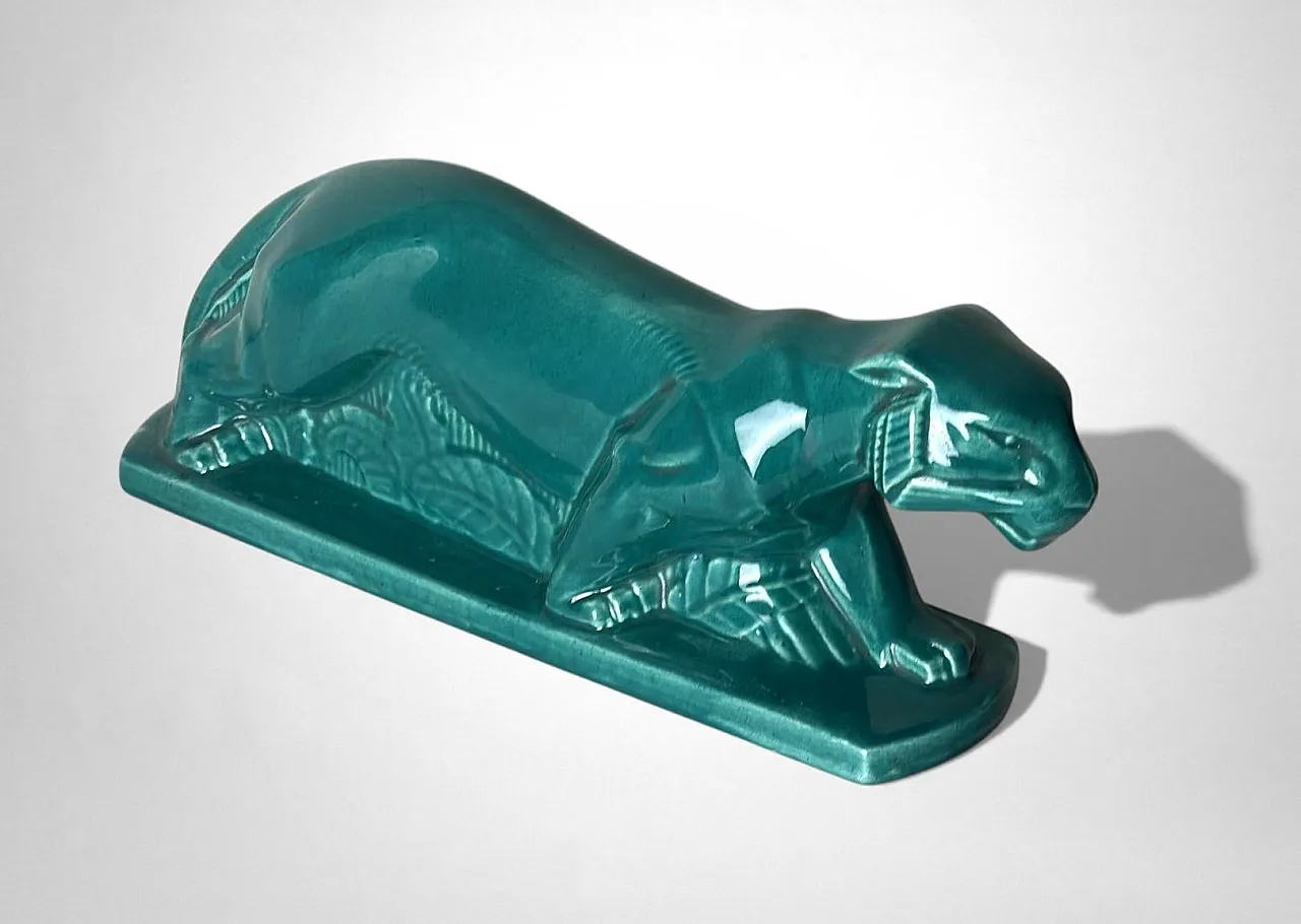 Art Deco Saint-Clément style panther green-glazed ceramic,20th century 8