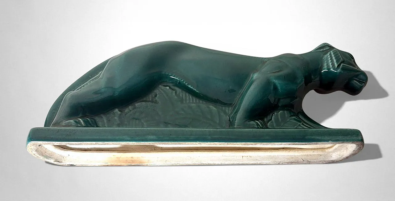 Art Deco Saint-Clément style panther green-glazed ceramic,20th century 9