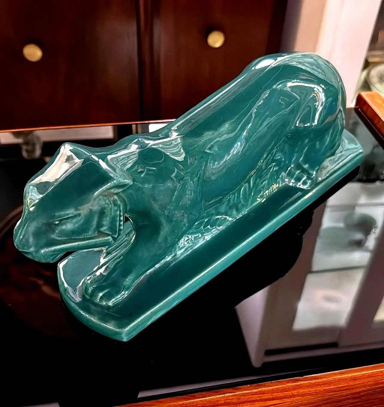 Art Deco Saint-Clément style panther green-glazed ceramic,20th century 17