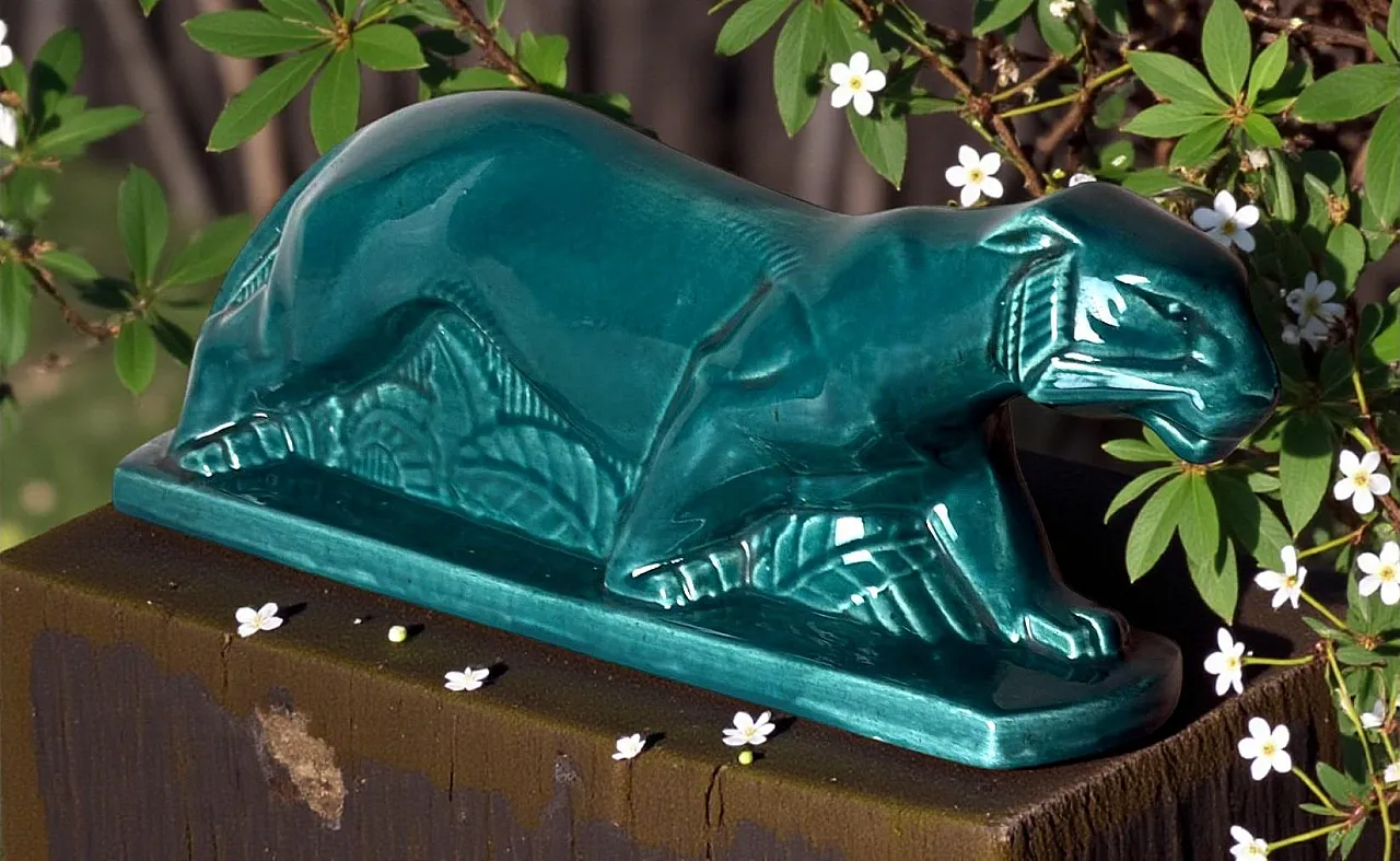 Art Deco Saint-Clément style panther green-glazed ceramic,20th century 18
