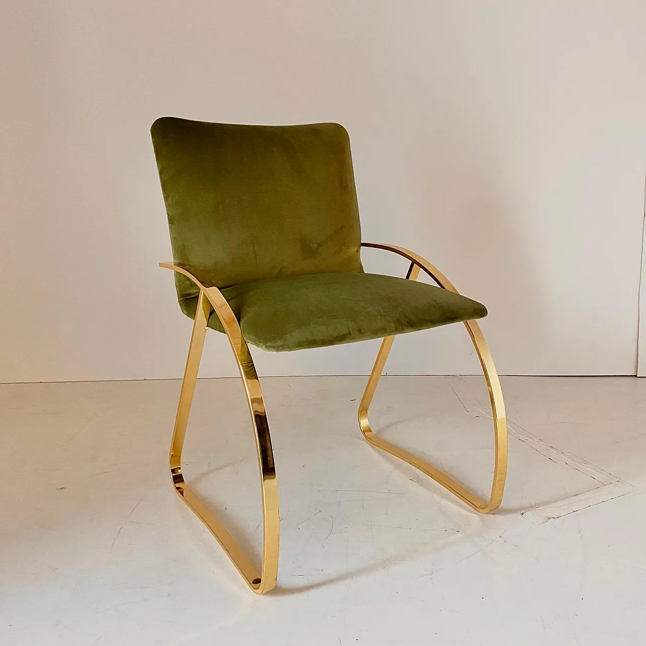 Armchair in green velvet and gold chromed steel, 70s 3