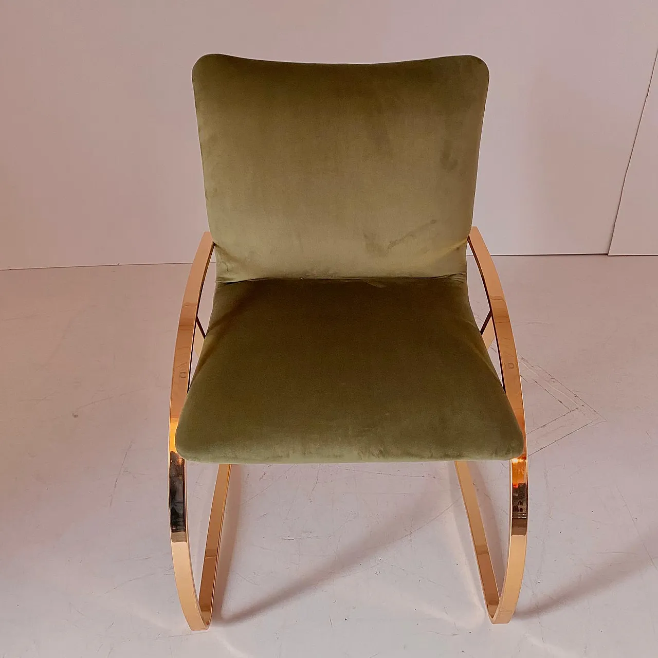Armchair in green velvet and gold chromed steel, 70s 4