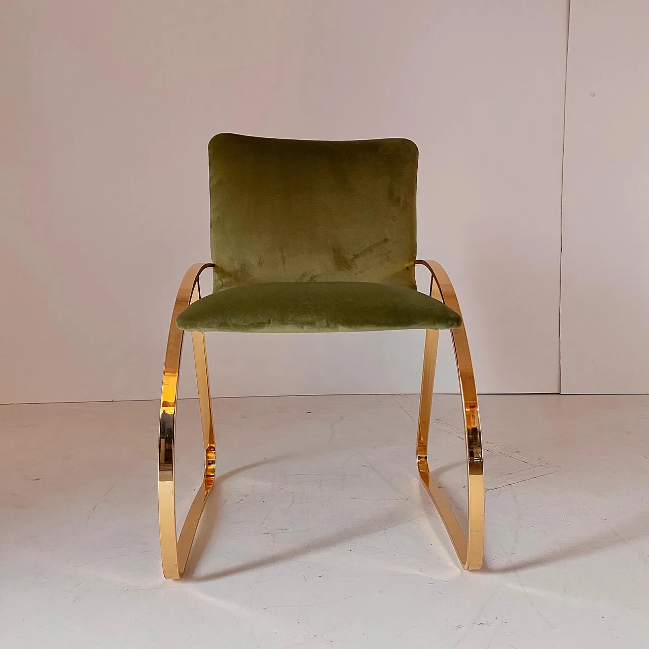 Armchair in green velvet and gold chromed steel, 70s 5