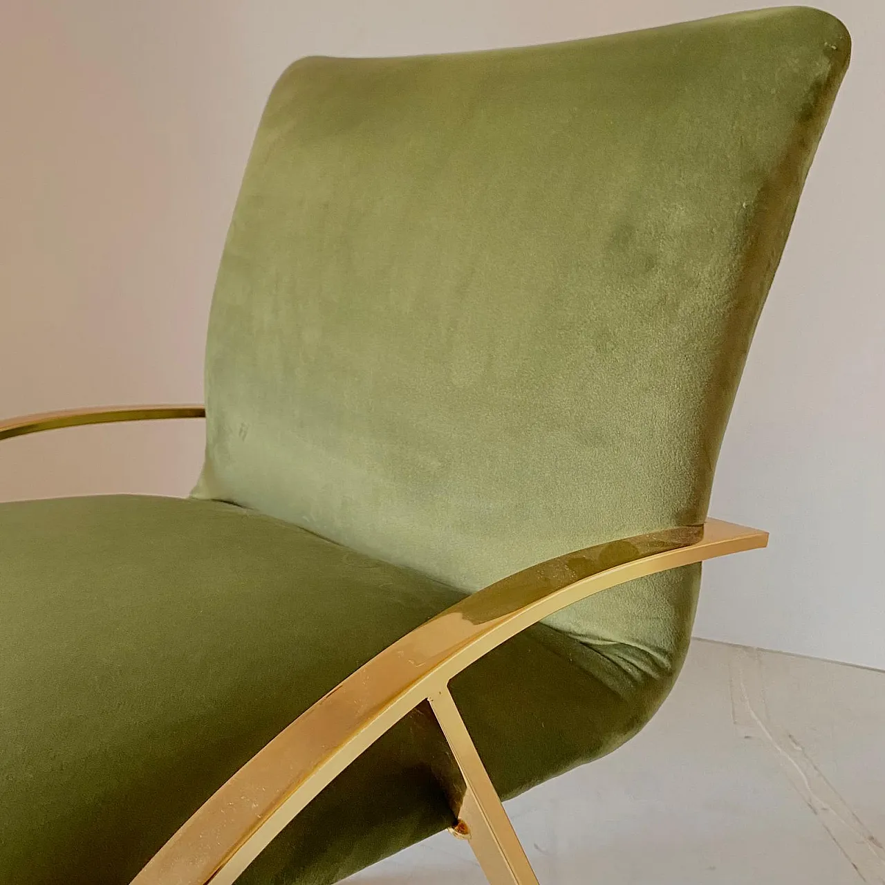 Armchair in green velvet and gold chromed steel, 70s 9