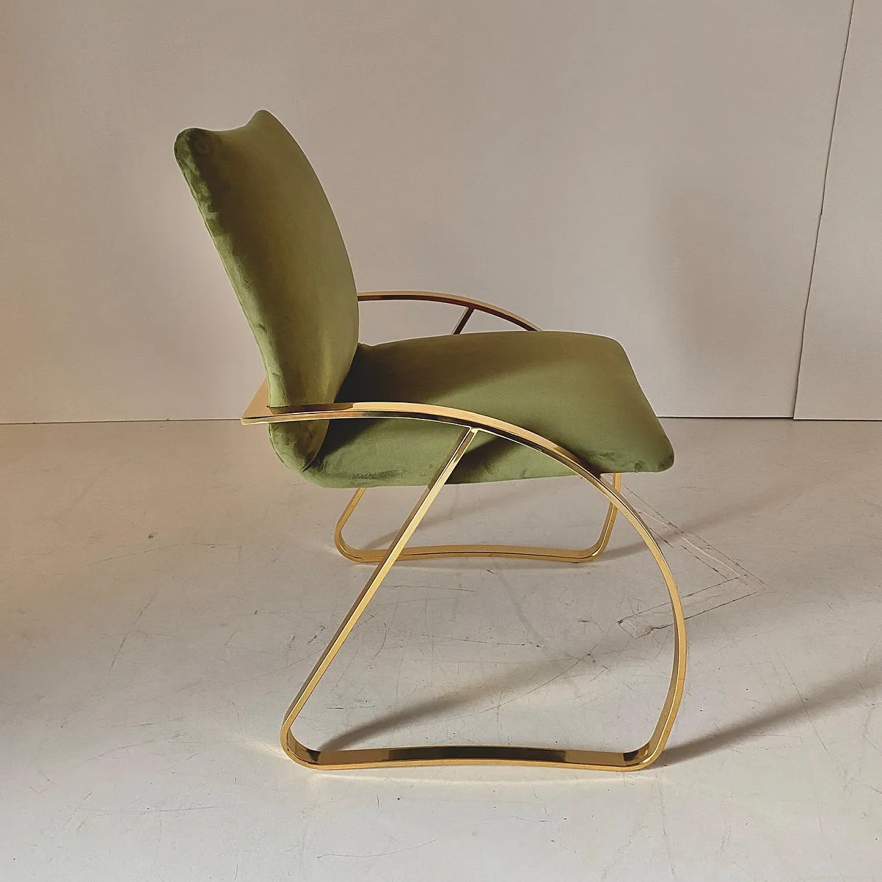 Armchair in green velvet and gold chromed steel, 70s 10
