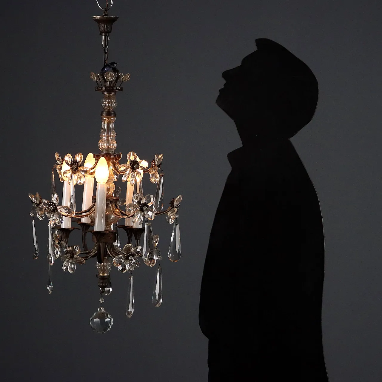 Lampadario con struttura in metallo e vetro trasparente, fine '800 2