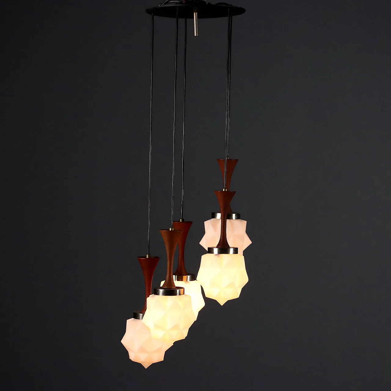 Glass chandelier, teak wood and metal details, 20th century 1