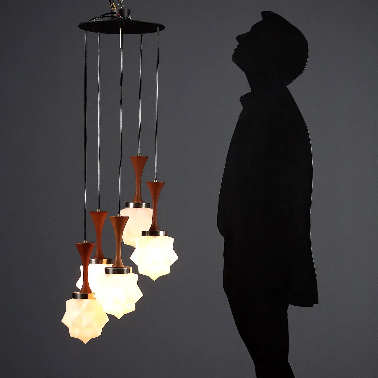 Glass chandelier, teak wood and metal details, 20th century 2